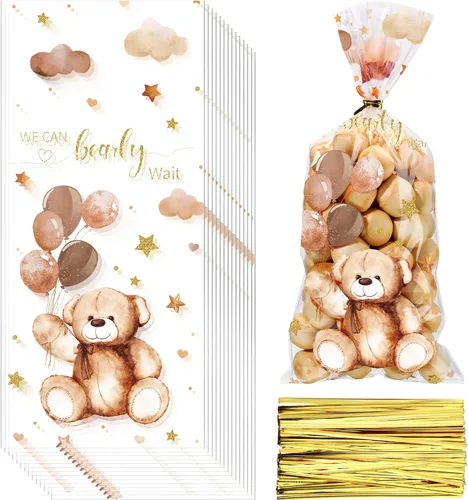 Miniatura 8 de Maitys 100 bolsas de celofán de oso para baby shower, bolsas de plástico para dulces con 100 lazos dorados, bolsas de regalo para revelación de Rosa