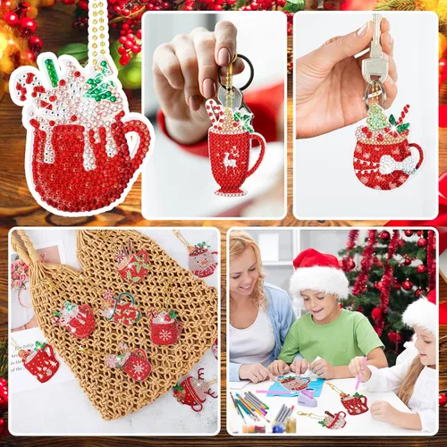 Miniatura 5 de BBTO 15 piezas de adornos de Navidad con diseño de diamantes de cacao caliente, pintura de diamante, llaveros colgantes para manualidades, adornos