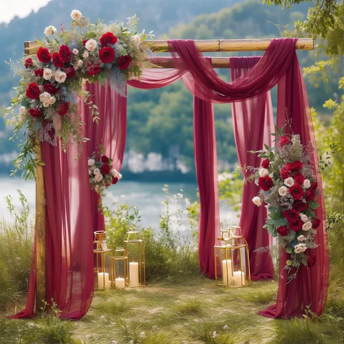 Miniatura 29 de gogoparti Tela drapeada para arco de boda, cortinas de arco burdeos, cortina de telón de fondo transparente para ceremonias, fiestas, cabinas