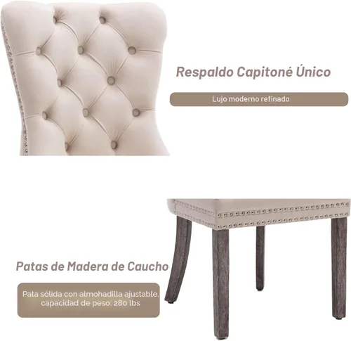 Miniatura 7 de KCC Nikki Collection - Juego de 4 sillas de comedor de terciopelo tapizadas de alta gama con anillo trasero de clavo, patas de madera maciza