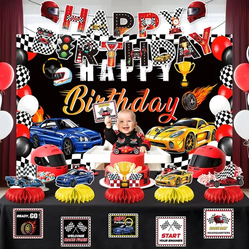 Miniatura 2 de Kit de decoración de fiesta de cumpleaños de auto de carreras para niños, cartel de feliz cumpleaños, telón de fondo de carreras con temática