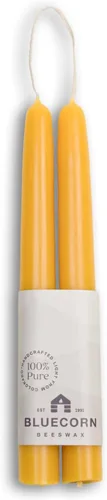 Bluecorn Beeswax Velas cónicas, cera de abejas natural 100% pura, par de 8 pulgadas, velas amarillas, sin aroma, combustión limpia y sin goteo, de