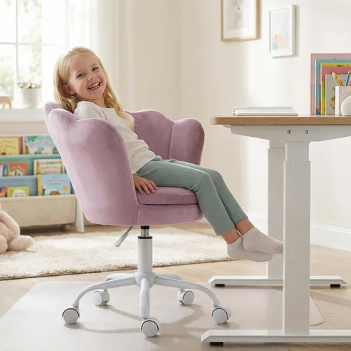 Miniatura 9 de Silla de escritorio de terciopelo para niños, silla ergonómica ajustable para computadora con ruedas, bonita silla tapizada, sillas giratorias