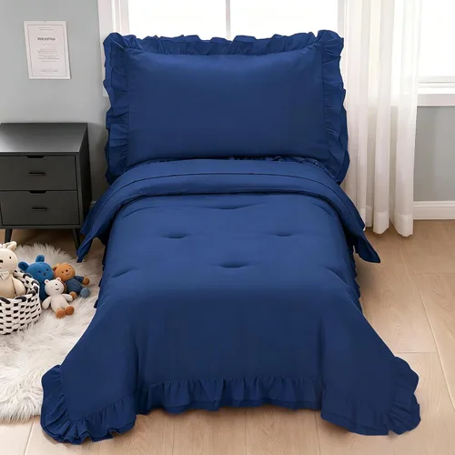 Miniatura 10 de Juego de ropa de cama para niñas pequeñas, 4 piezas con volantes dobles, suave y transpirable, juego de ropa de cama para cuna, incluye edredón Rosa