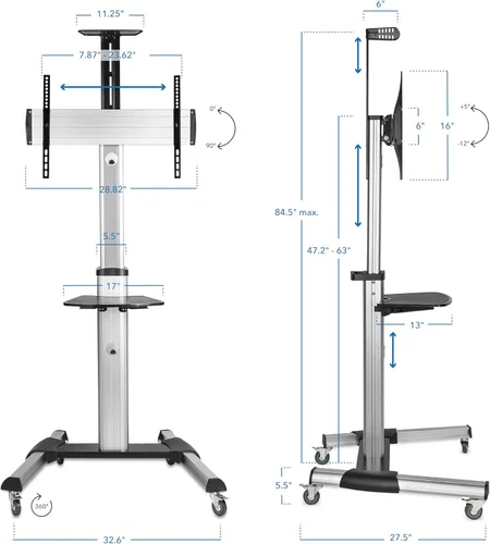 Miniatura 6 de Mount-It! Soporte de TV móvil para televisores de pantalla plana, carrito de TV con ruedas ajustable en altura para pantallas de 32, 40, 50, 55, 60