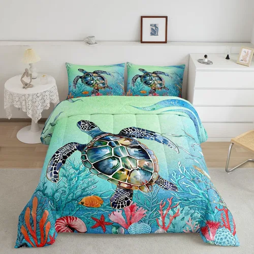 Miniatura 25 de Juego de edredón de ballena individual, juegos de ropa de cama retro con temática náutica para decoración de dormitorio, edredón de plumón de vida