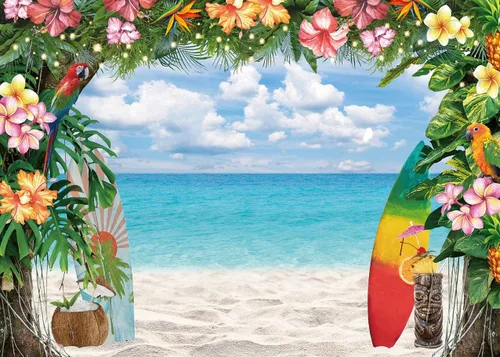Miniatura 7 de Fondo de playa hawaiana para verano, flores tropicales, fondo de fotografía Luau, tabla de surf, cielo azul, hojas de palma, Aloha, decoraciones