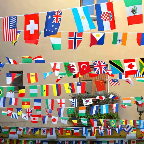 Miniatura 7 de Bandera de cuerda de 100 países, bandera internacional de 82 pies, decoración de bandera mundial para fiesta de la Copa del Mundo, escuela, eventos