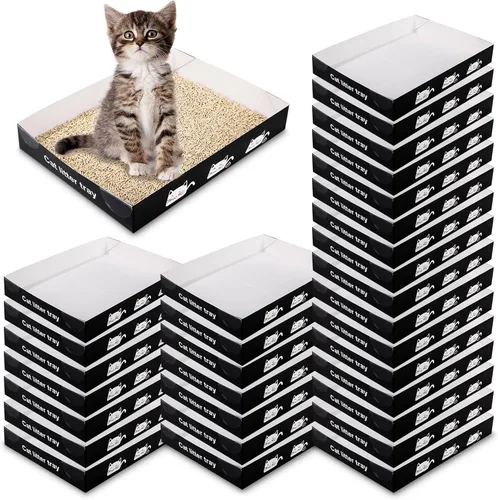 Miniatura 8 de Paquete de 30 cajas de arena desechables para gatos, bandeja de papel plegable para gatitos de 13.8 x 10 x 2 pulgadas, caja de cartón pequeña y Azul