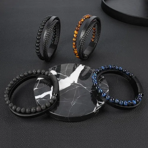Miniatura 7 de Pulseras de cuentas de cuero en capas para hombres, pulseras de cuero trenzado con ojo de tigre y piedra de lava para hombres con cierre magnético