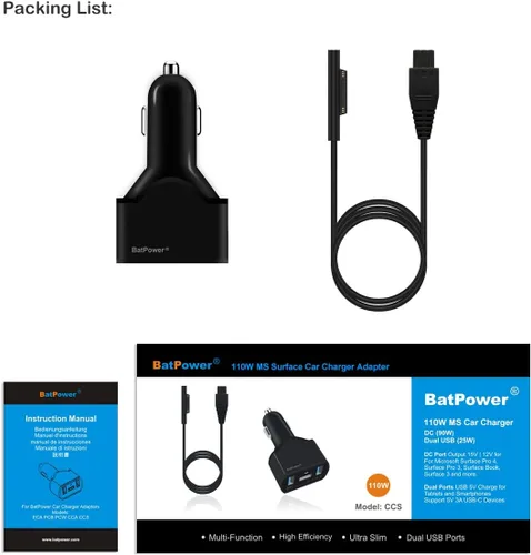 Miniatura 7 de BatPower CCS 110W Surface Laptop Cargador de coche compatible con Microsoft Surface Book Laptop 4 3 2 1 Surface Pro 8 X 7 6 5 4 3 Go Tablet Car