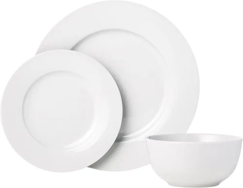 Miniatura 2 de Amazon Basics Juego de vajilla de cocina, apto para microondas y lavavajillas, platos, cuencos, servicio para 6, 18 piezas, color blanco