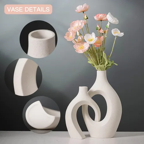 Miniatura 5 de Levvohd XL Juego de 2 jarrones beige de cerámica para decoración moderna del hogar, jarrones huecos florales modernos de estilo bohemio ecléctico