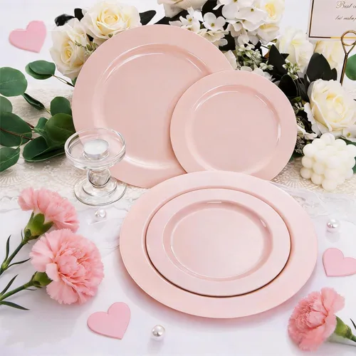 Miniatura 2 de FLOWERCAT 60 platos de plástico rosa, platos rosados resistentes desechables para fiestas de primavera y día de la madre/boda, para 30 invitados