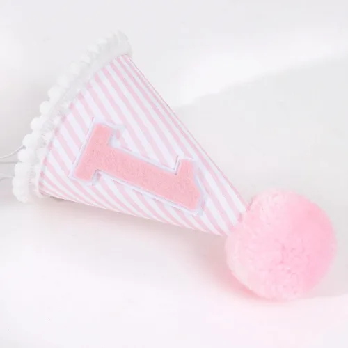 Miniatura 8 de Sombrero de fiesta de primer cumpleaños rosa y blanco - Corona de primer cumpleaños para niña con accesorios para fotos para decoraciones y vestidor