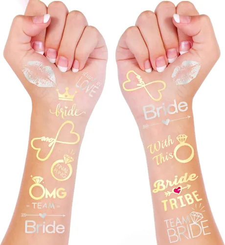 KatchOn Tatuajes metálicos de la tribu de la novia, 34 piezas, tatuajes de novia dorados para despedidas de soltera y decoraciones de despedida de