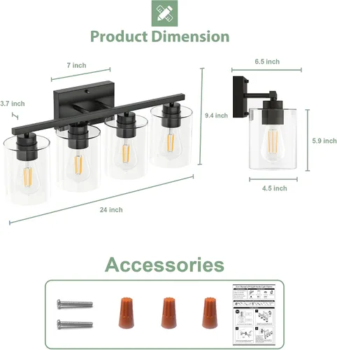 Miniatura 6 de Honesorn Lámparas de baño de 4 luces, luz de tocador de baño, color negro mate, accesorios de iluminación modernos con pantalla de vidrio