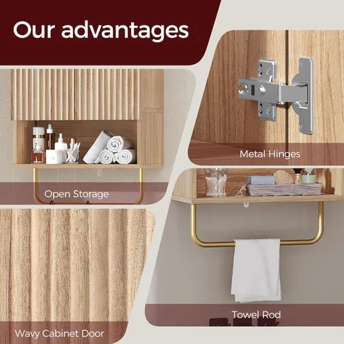 Miniatura 6 de MAHANCRIS Armario de pared para baño, botiquín montado en la pared con toallero y estante ajustable, gabinete de almacenamiento para ahorrar espacio