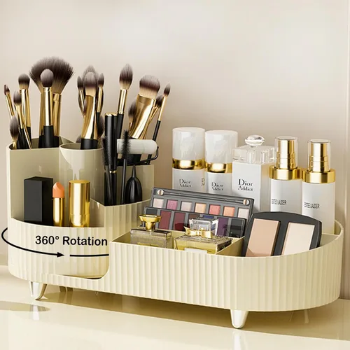 Miniatura 16 de COMFYROOM Organizador de maquillaje para tocador con soporte para brochas, organizador de maquillaje cosmético de 3 capas, organizador de maquillaje