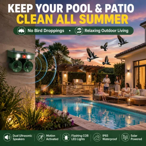 Miniatura 4 de Dispositivos solares repelentes de pájaros 2026 para exteriores con altavoces duales, disuasorio de palomas para balcón, patio, piscina, jardín