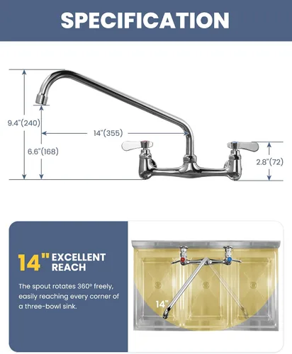 Miniatura 5 de Grifo de fregadero comercial con boquilla giratoria de cuello de cisne de 6 pulgadas, grifo de cocina de montaje en pared central de 8 pulgadas