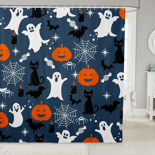 Miniatura 15 de Erosebridal Juego de cortinas de ducha góticas espeluznantes para bañeras, farol de calabaza, cortina de baño para niños, telarañas fantasmas, Multi