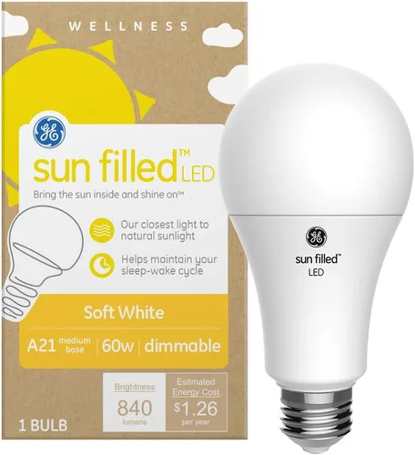 GE Bombilla LED con relleno de sol, 60 vatios, blanco suave, A21 (paquete de 1)