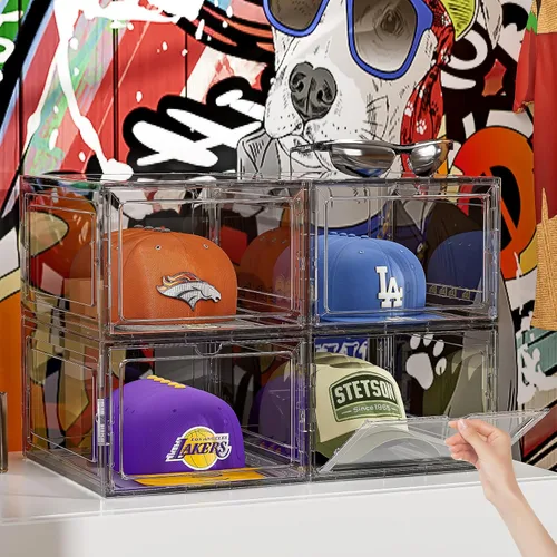 Miniatura 3 de Caja organizadora de sombreros para gorras de béisbol, paquete de 6 estuches de almacenamiento de sombreros de plástico con puerta magnética