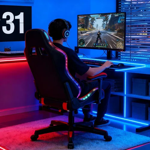 Miniatura 2 de Silla de juegos con altavoces Bluetooth y luces LED, silla ergonómica de masaje para computadora, altura ajustable, silla de videojuegos con asiento
