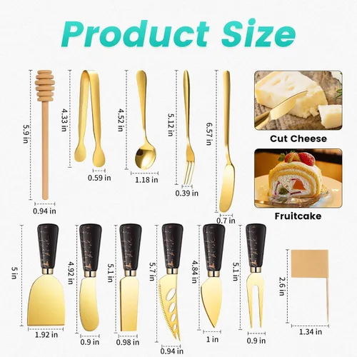 Miniatura 2 de Juego de cuchillos de queso de mármol dorado y negro, accesorios de tablero de charcutería con mango de cerámica, esparcidor de mantequilla, Negro