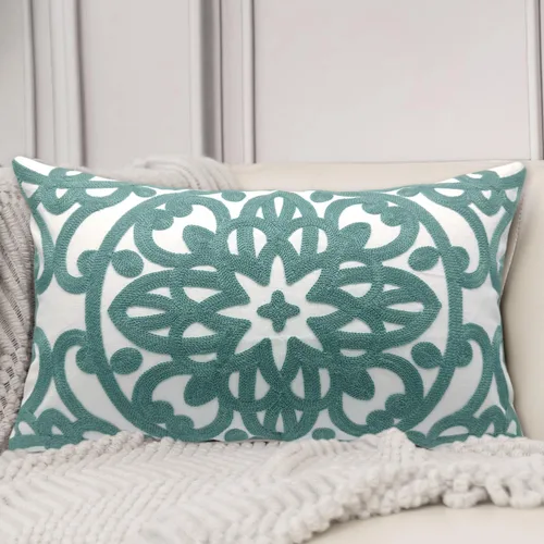 Alysheer Funda de almohada decorativa lumbar bordada de 12 x 20 pulgadas, patrón clásico bohemio de mandala bordado de algodón, funda de cojín Aqua