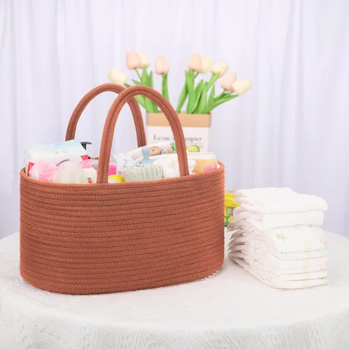 Miniatura 7 de COMSE Organizador grande de pañales para bebé para niña y niño, organizador de automóvil con asas, cesta de cuerda de algodón para cambiador