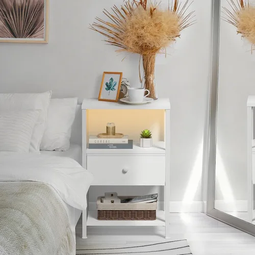 Miniatura 6 de BOLUO - Mesita de noche blanca con estación de carga, mesita de noche LED con cajones de tela y estante, mesa de cabecera con puertos USB y tomas