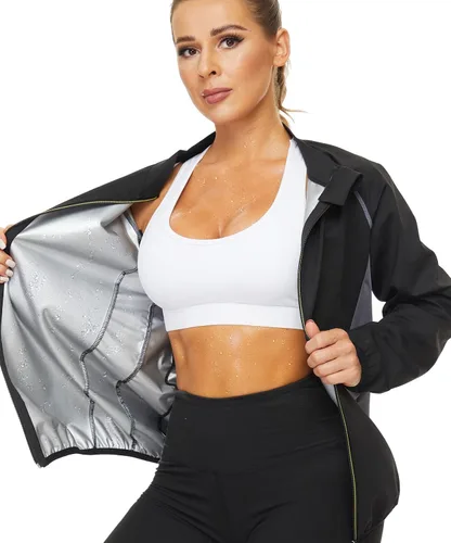 NINGMI Traje de sauna para mujer, chaquetas de sudor, camisa de entrenamiento, manga larga, adelgazante, con cremallera, moldeador de cuerpo,