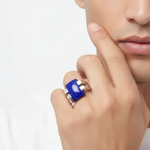 Miniatura 5 de 55Carat Natural Lapislázuli Hombres Anillo Plata Rectángulo Forma Azul Piedra Handamde Tamaño 5,6,7,8,9,10,11,12