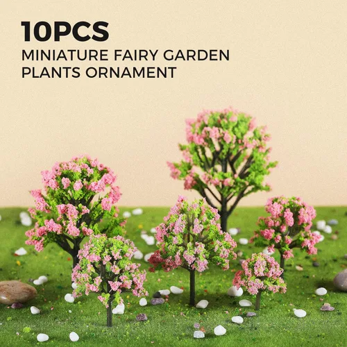 Miniatura 5 de Yetaha 10 piezas de árboles modelo de flores rosas, plantas de árbol de jardín de hadas en miniatura, mini árbol de flores artificiales