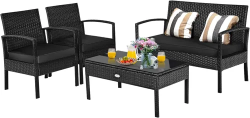 Miniatura 7 de HAPPYGRILL Juego de muebles de patio de 4 piezas, juego de conversación de mimbre de ratán para jardín, piscina, césped, sofá biplaza, asiento Marrón