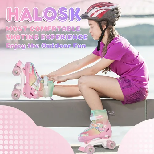 Miniatura 5 de Patines de ruedas para niñas principiantes de 5 a 12 años, patines de cuatro ruedas ajustables color rosa morado arcoíris para jóvenes con todas