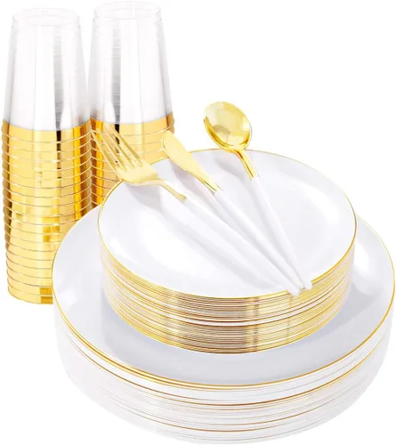 LIYH - Juego de vajilla de plástico desechable de 180 piezas, color blanco y dorado, cubiertos de plástico dorados, platos desechables resistentes