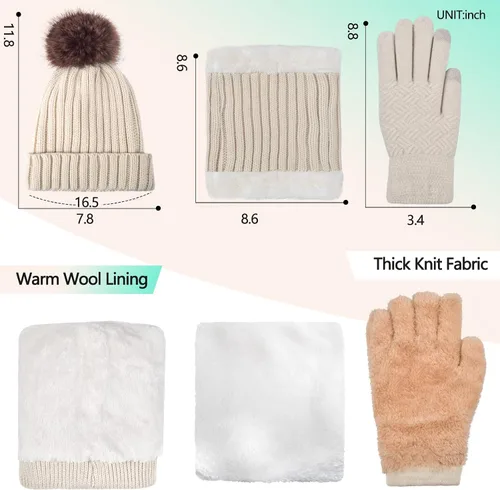 Miniatura 2 de Juego de 3 gorros de punto de invierno para mujer, bufanda y guantes para pantalla táctil con pompón