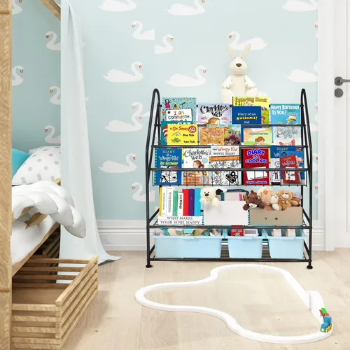 Miniatura 7 de aboxoo Estantería de metal para niños, grande, independiente, para habitación de los niños, organizador de juguetes de 32 pulgadas, estantería Negro