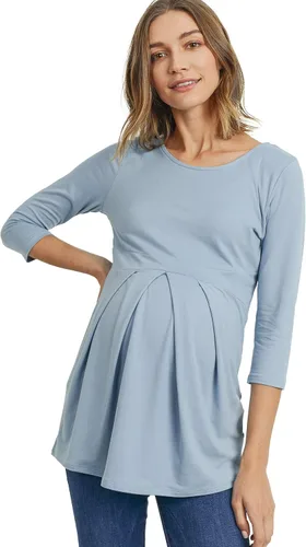 Miniatura 26 de LaClef - Blusa de maternidad para mujer, cuello redondo, manga 3/4, plisada al frente, estilo peplum