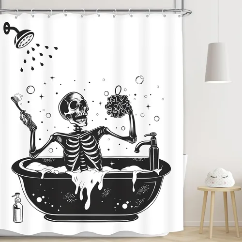 Miniatura 2 de Juego de cortinas de ducha divertidas con diseño de calavera y esqueleto de Halloween para baño, 60 pulgadas de ancho x 71 pulgadas de alto