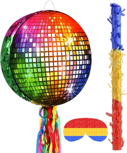 Aoriher Piñata 12.6 x 12.6 x 3 pulgadas, juego de fiesta de discoteca, piñata, lámina plateada, decoración de los años 80 y 90 con máscara de palo
