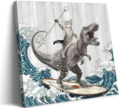 WWN Divertido arte de pared de dinosaurio para montar en gato, divertido arte de pared de T-Rex Surfing, pintura para decoración de pared, póster de