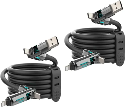 Miniatura 18 de MFish Cable de carga USB 4 en 1 con funda de transporte, cable de carga rápida de 240 W, USB-A y USB-C dual a USB-C/Lightning, para iPhone Negro
