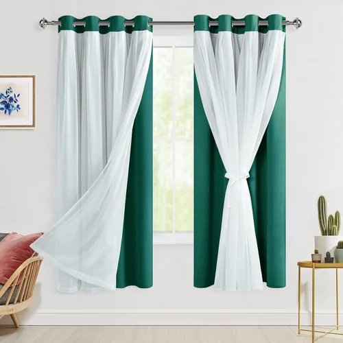 Miniatura 46 de Hiasan Cortinas opacas con superposición transparente, aislamiento térmico para mezclar y combinar de doble capa, cortinas de oscurecimiento de Beige
