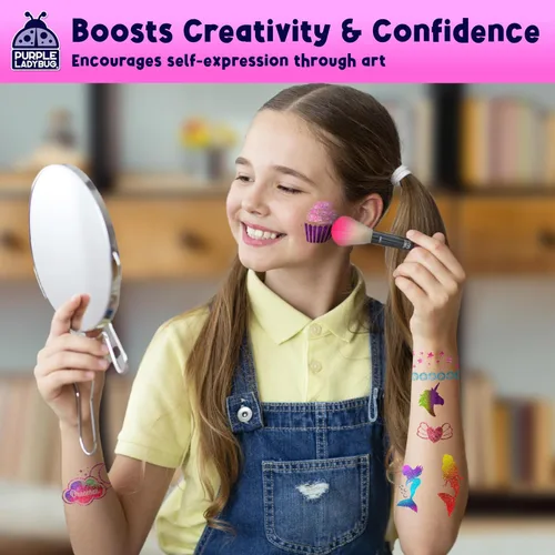 Miniatura 9 de PURPLE LADYBUG Tatuajes con purpurina para niños – Kit de tatuaje con purpurina de 175 diseños, tatuajes falsos temporales para niños, divertido