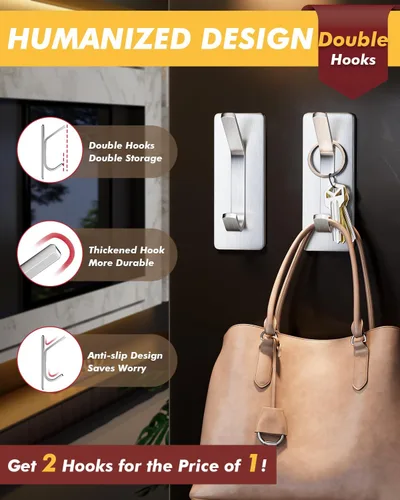 Miniatura 4 de Auxmir Ganchos autoadhesivos resistentes de 15 libras, paquete de 5 ganchos de pared de acero inoxidable para abrigos, toallas, batas, impermeables