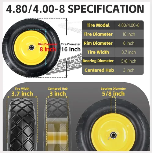 Miniatura 6 de Neumático y rueda sólidos para carretilla 4.80/4.00-8, neumático sin aire de 16" con cubo centrado de 3", rodamientos de 5/8" y 3/4", compatible